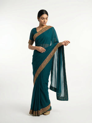 Georgette Peacock Blue Saree with Multicolor Embroidered Border