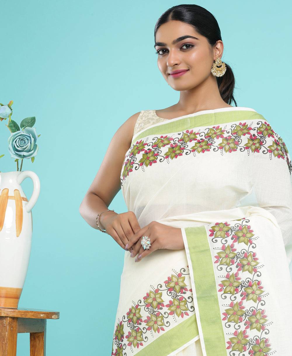 Cotton Green Border Printed Set Saree