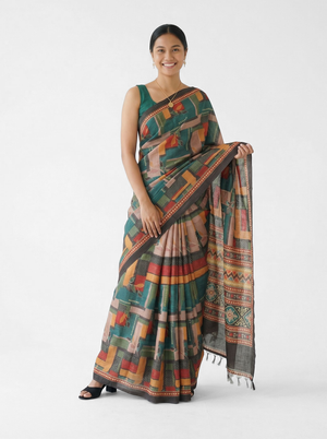 Chanderi Cotton Teal Abstract Geometric Saree