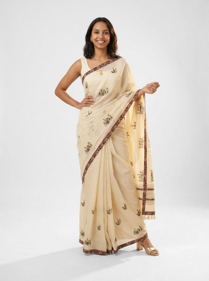Chanderi Cotton Cream & Multicolor Floral Motif Pattern Saree