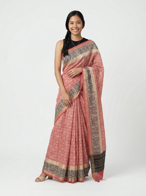 Chanderi Cotton Pink And Black Printed Saree
