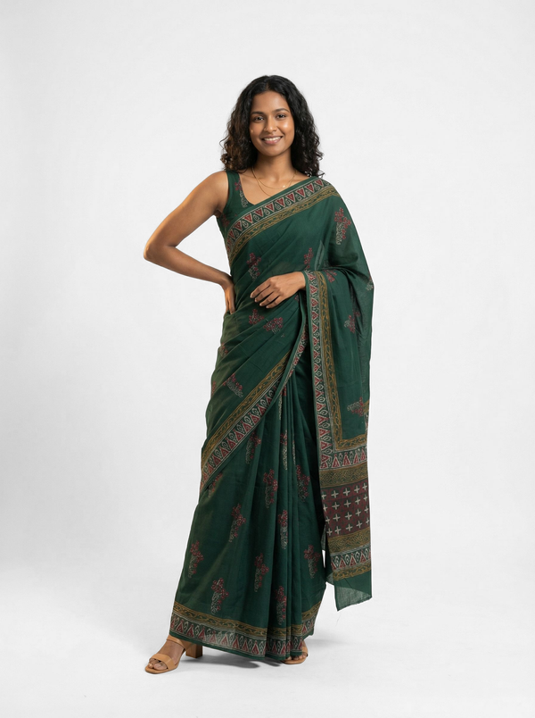 Chanderi Cotton Dark Green Embroidered Saree