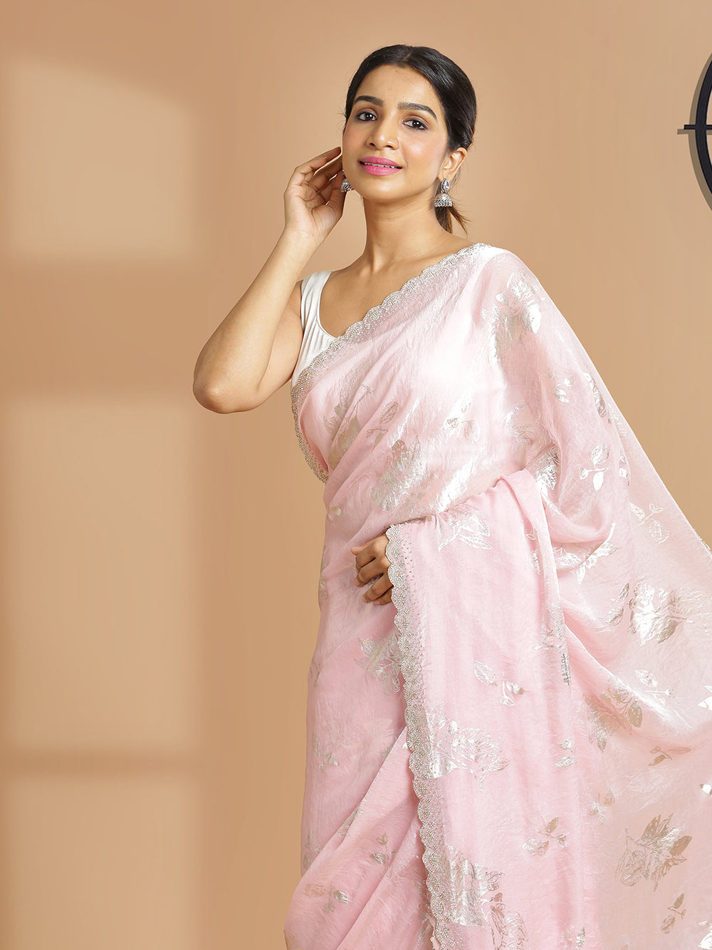 Baby Pink Soft Organza Chiffon Saree With Foil Floral Print Over Body