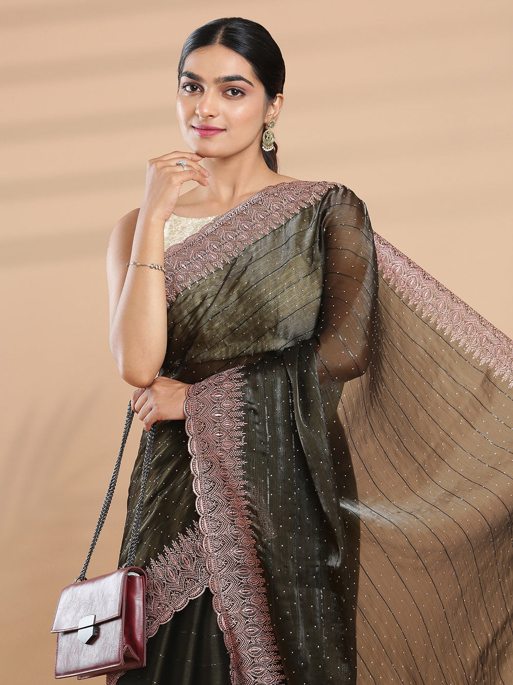 Mehandi Green Color Glass Organza Saree With Mini Stone Work On Body