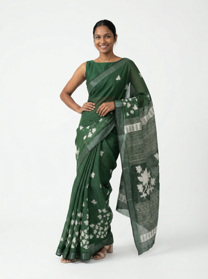 Chanderi Cotton Dark Green Floral Printed Pattern Saree