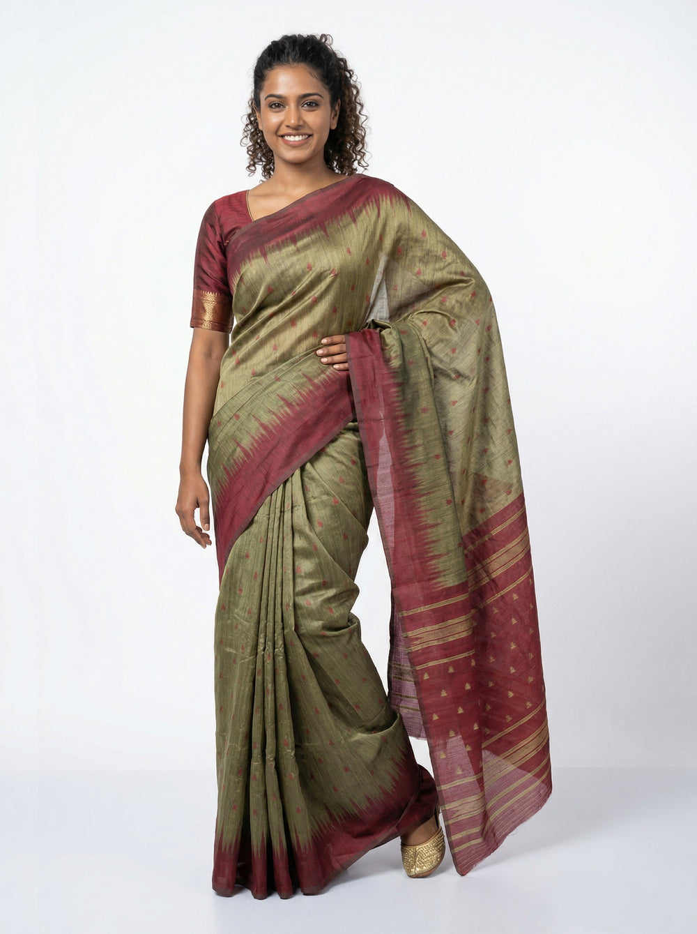 Semi Silk Elegant Moss Green Saree with Maroon Temple Butta Blouse