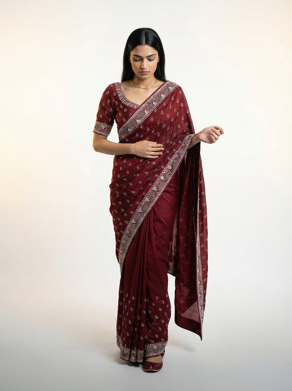 Vijithra Silk Deep Maroon All Over Stone Work Designer Saree