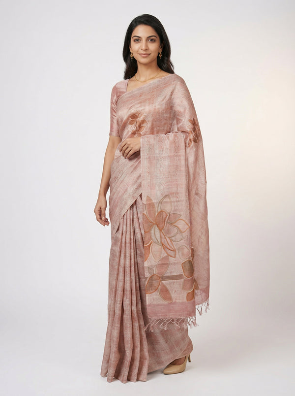 Semi Raw Silk Peach Saree with Modern Abstract Print