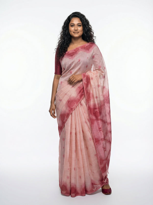 Semi Chanderi Light Salmon  Saree with Zig Zag Border & Grapefruit Pink Blouse