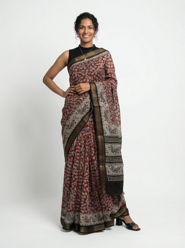 Chanderi Cotton Red And Black Floral Printed Saree
