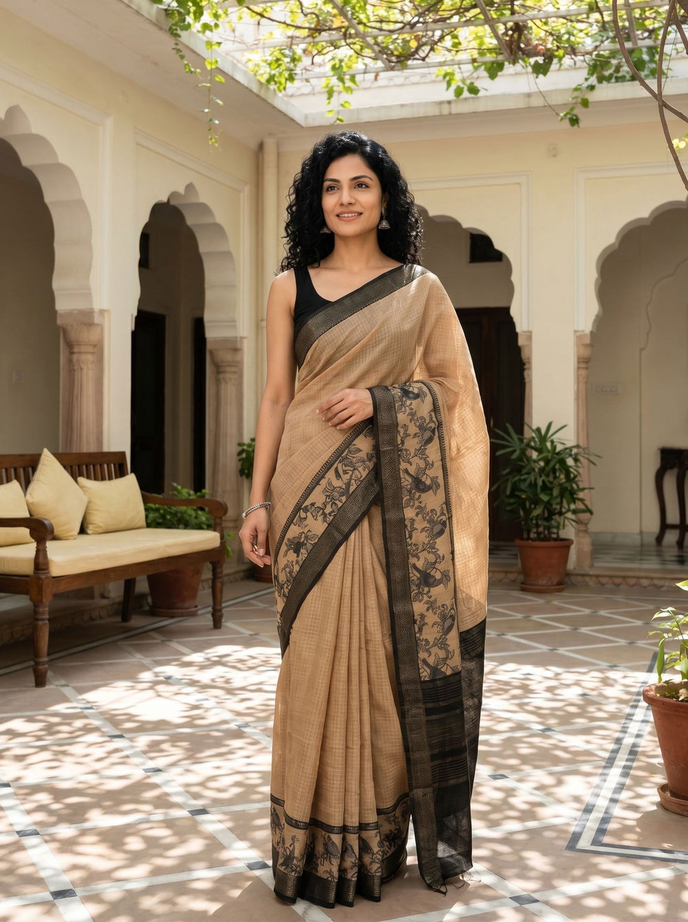 Tussar Natural Beige Printed Kalamkari Border Saree