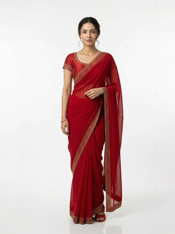 Chiffon Classic Red Minimal Small Stone  Border Designer Saree