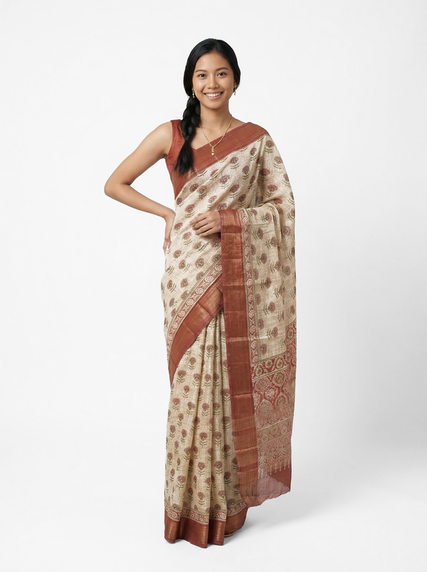 Chanderi Cotton  Beige Floral Butta Printed Saree