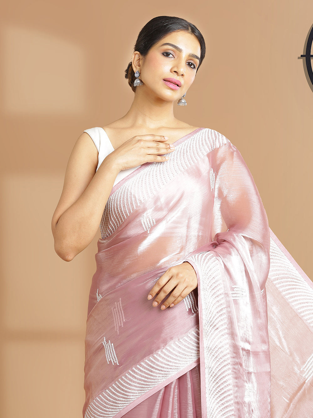 Onion Pink Georgette Organza Saree With Thread And Stone Work Over Body
