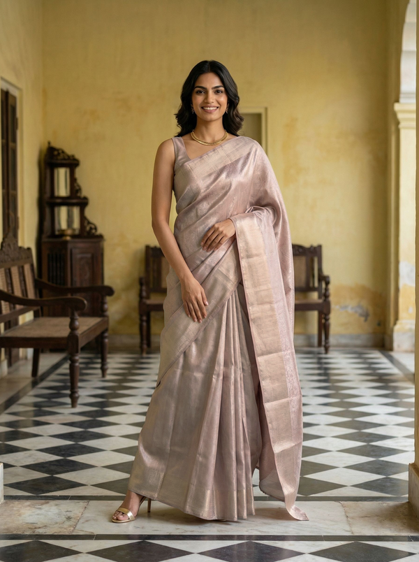 Woman in a light pink saree standing in a room with checkered floor and wooden furniture.