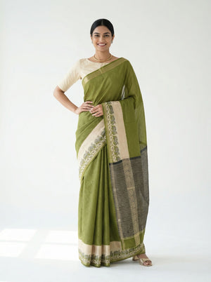 Chanderi Cotton Olive Green And Beige Printed Saree