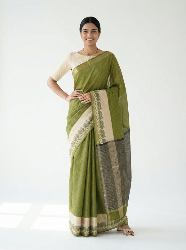 Chanderi Cotton Olive Green And Beige Printed Saree