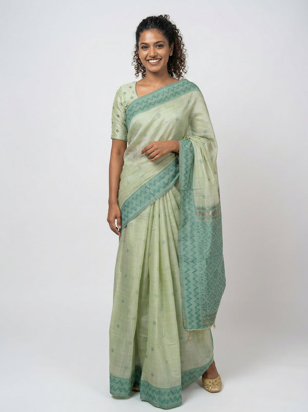 Chanderi Premium Sage Green  Saree with Detailed Butta Blouse