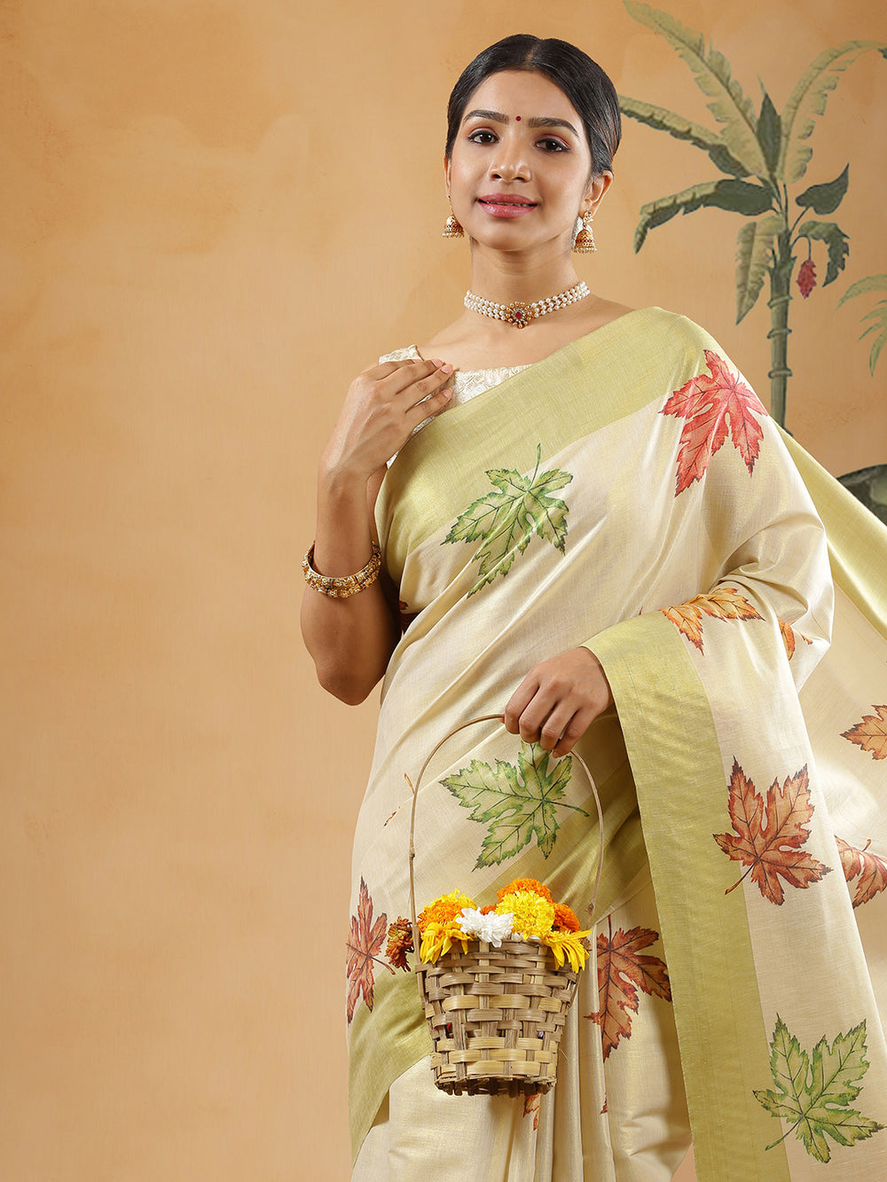 Golden Tissue Olive Green Border Set Saree With Maple Leaf Print All Over Body
