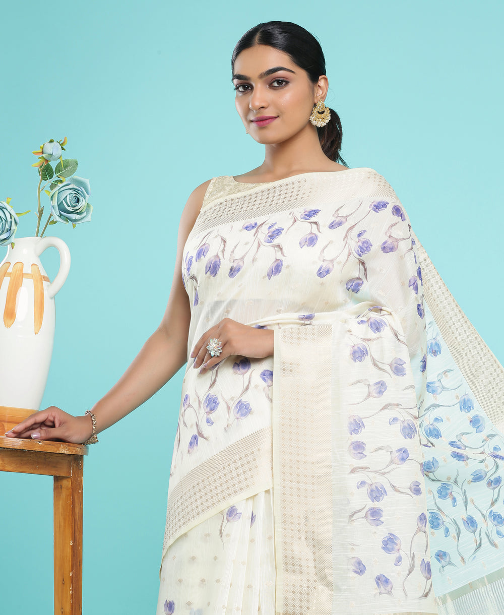 Jute Silk Indigo Floral Print Cream Color Saree