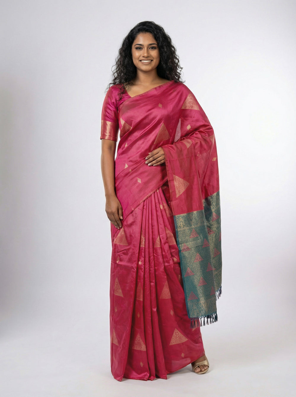 Semi Silk Ruby Pink Saree for Women with Triangle Paisley Butta