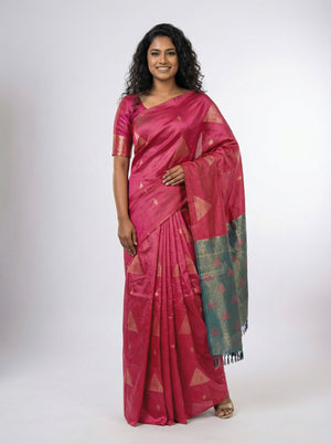 Semi Silk Ruby Pink Saree for Women with Triangle Paisley Butta