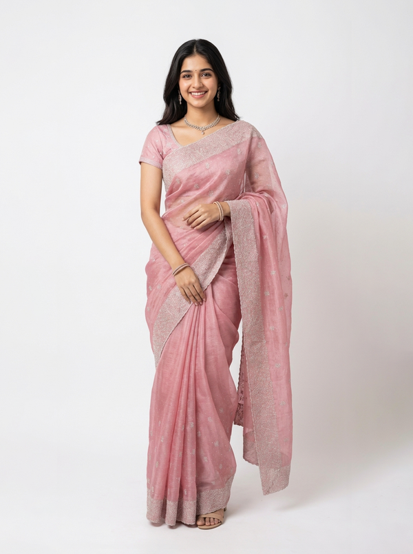 Vijithra Silk Baby Pink Zari With Stone Border Designer Saree