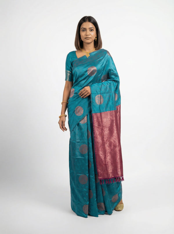 Semi Silk Peacock Blue Saree with Upper Paisley Butta Design and Wine Blouse