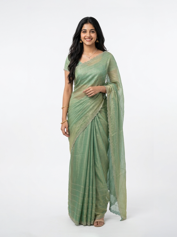 Organza Pastel Green Ombre Stone Stripe Designer Saree