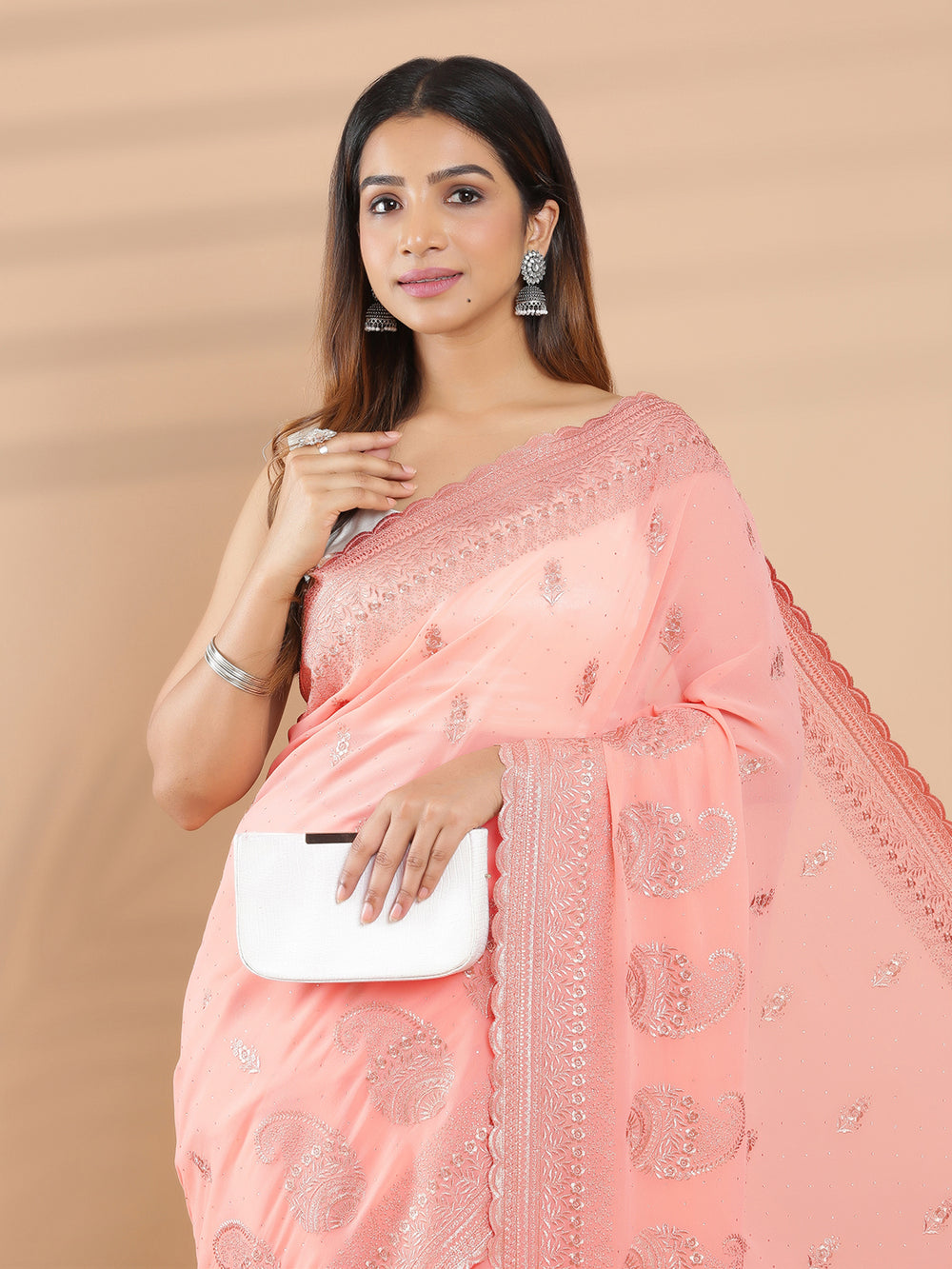 Peach Color Copper Embroidered With Stone Work Butta Designed Georgette Saree