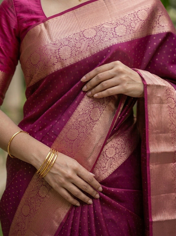 Kanjivaram Silk Magenta Pink Saree with Gold Zari Butta Design