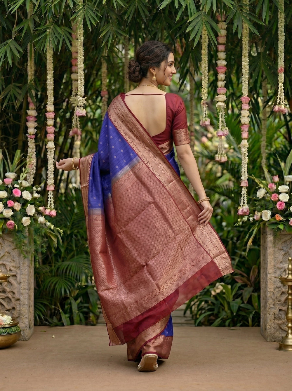 Kanjivaram Royal Blue Saree with Gold Zari Butta Pattern and Antique Gold Zari Border