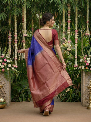 Kanjivaram Royal Blue Saree with Gold Zari Butta Pattern and Antique Gold Zari Border