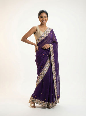 Organza Royal Purple Floral Embroidered Designer Saree