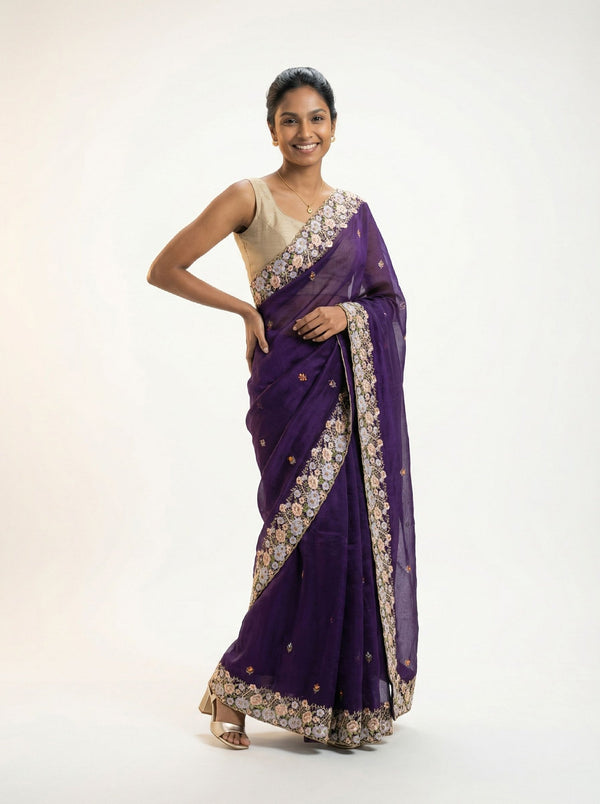 Organza Royal Purple Floral Embroidered Designer Saree