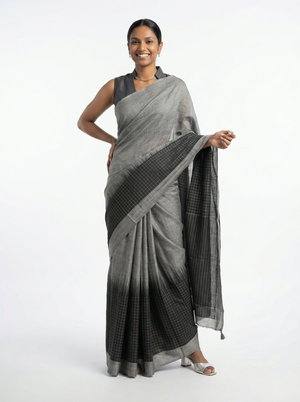 Cotton Ash Grey Saree With Black Checked Border