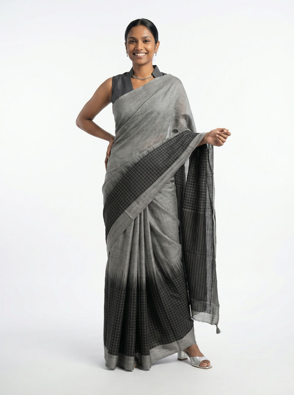 Cotton Ash Grey Saree With Black Checked Border