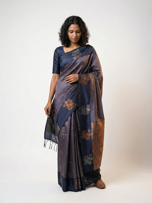Art Silk Blue Saree with Classic Floral Butta Prints and Designer Pallu