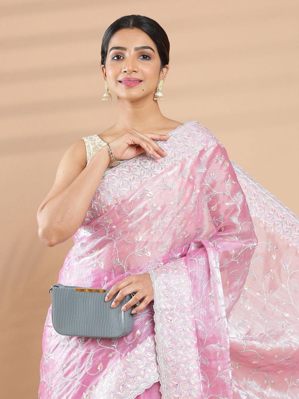 Lavender Pink Color Glass Organza Saree With Mini Stone Work All Over Design