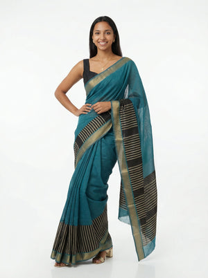Chanderi Cotton Teal Blue And Black Striped Saree