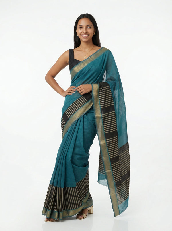 Chanderi Cotton Teal Blue And Black Striped Saree