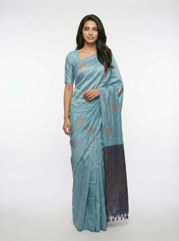 Semi Silk Women’s Pastel Sea Blue Saree with Self Paisley Motifs