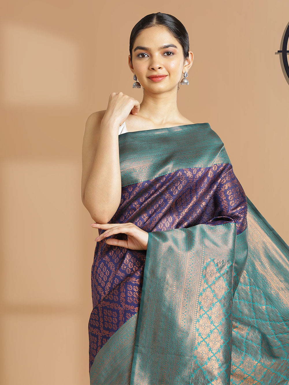 Navy Blue Color Art Silk Saree With Copper Design Over Body And Peacock Green Border