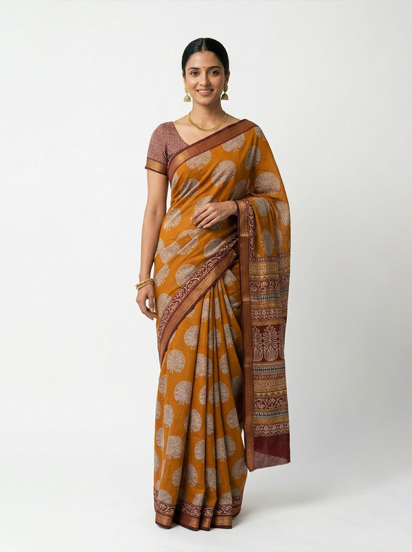 Chanderi Cotton Rust Orange Allover Tree Motif Saree