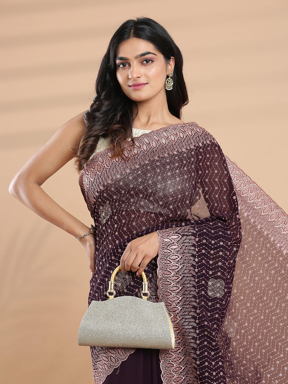 Coffee Brown Color Georgette Saree With Rose Gold Heavy Worked Design