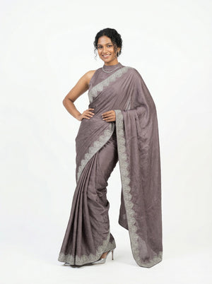 Vijithra Silk Violet Stone Work Zari Border Designer Saree
