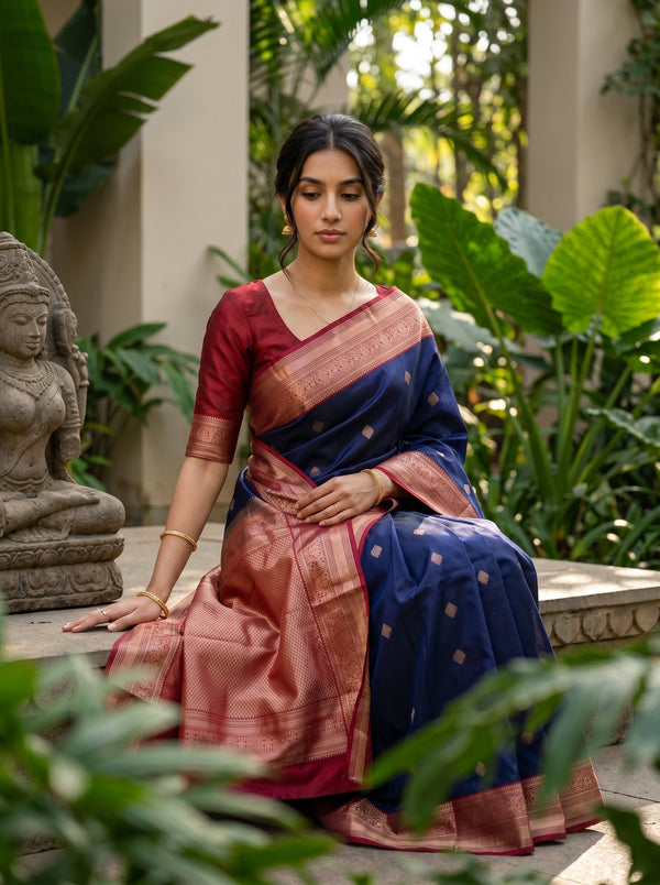 Kanjivaram Pure Silk Navy Blue Traditional Saree with Gold Woven Pallu