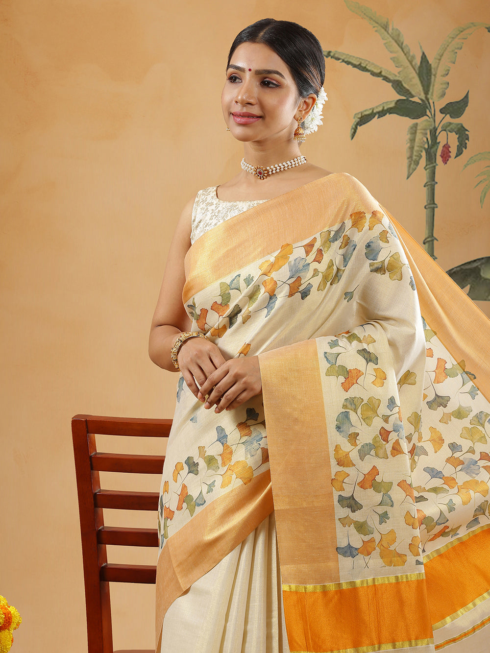 Golden Tissue Orange Border Set Saree With Multi Color Thread Paint Flower Print All Over Body