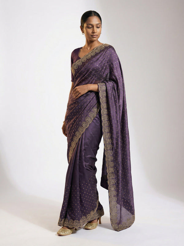Vijithra Silk Elegant  Purple Stone Work Party Wear Saree