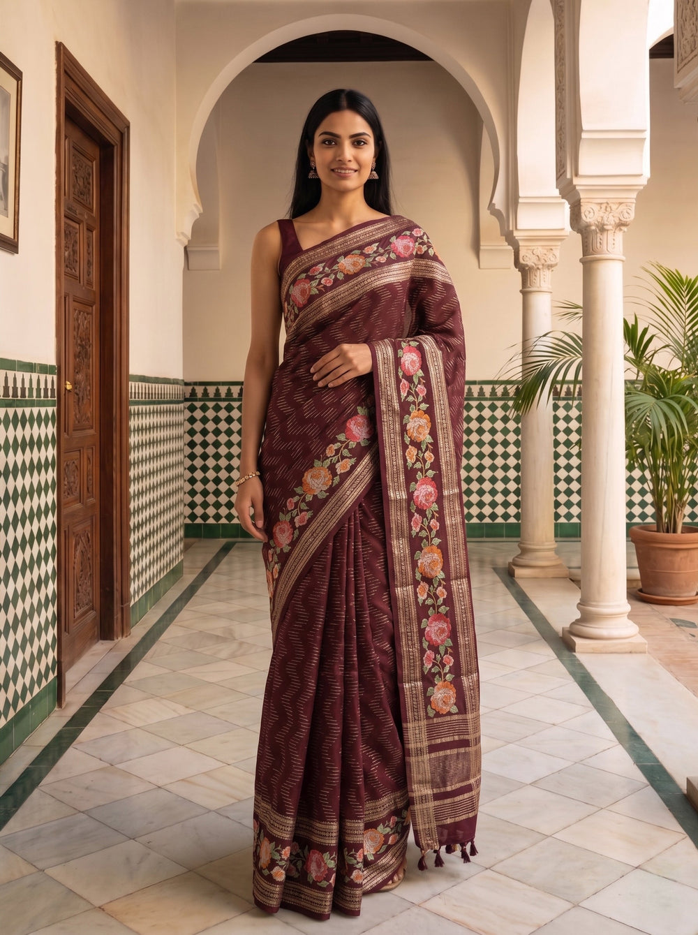 Semi Tussar Deep Wine Floral Embroidery Border Saree